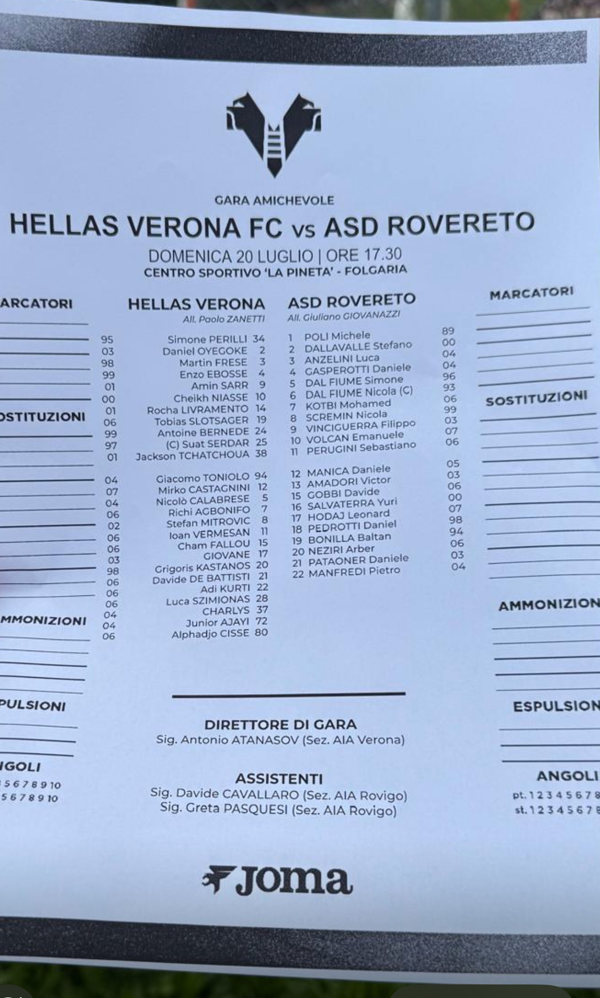 Formazioni ufficiali Hellas Verona-Rovereto