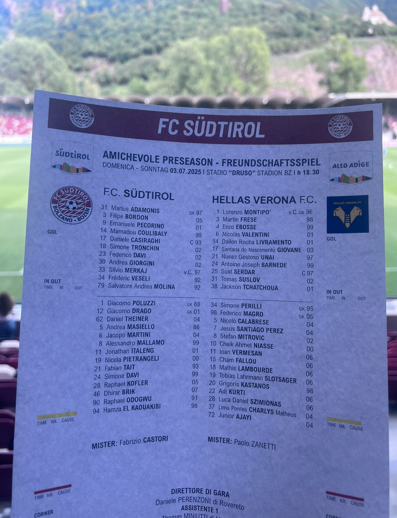 Amichevole, formazioni ufficiali Sudtirol-Hellas Verona