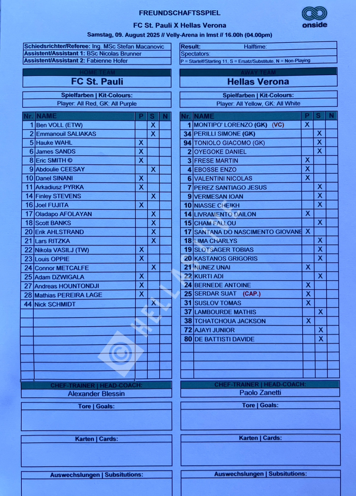 Formazioni ufficiali FC St. Pauli-Hellas Verona