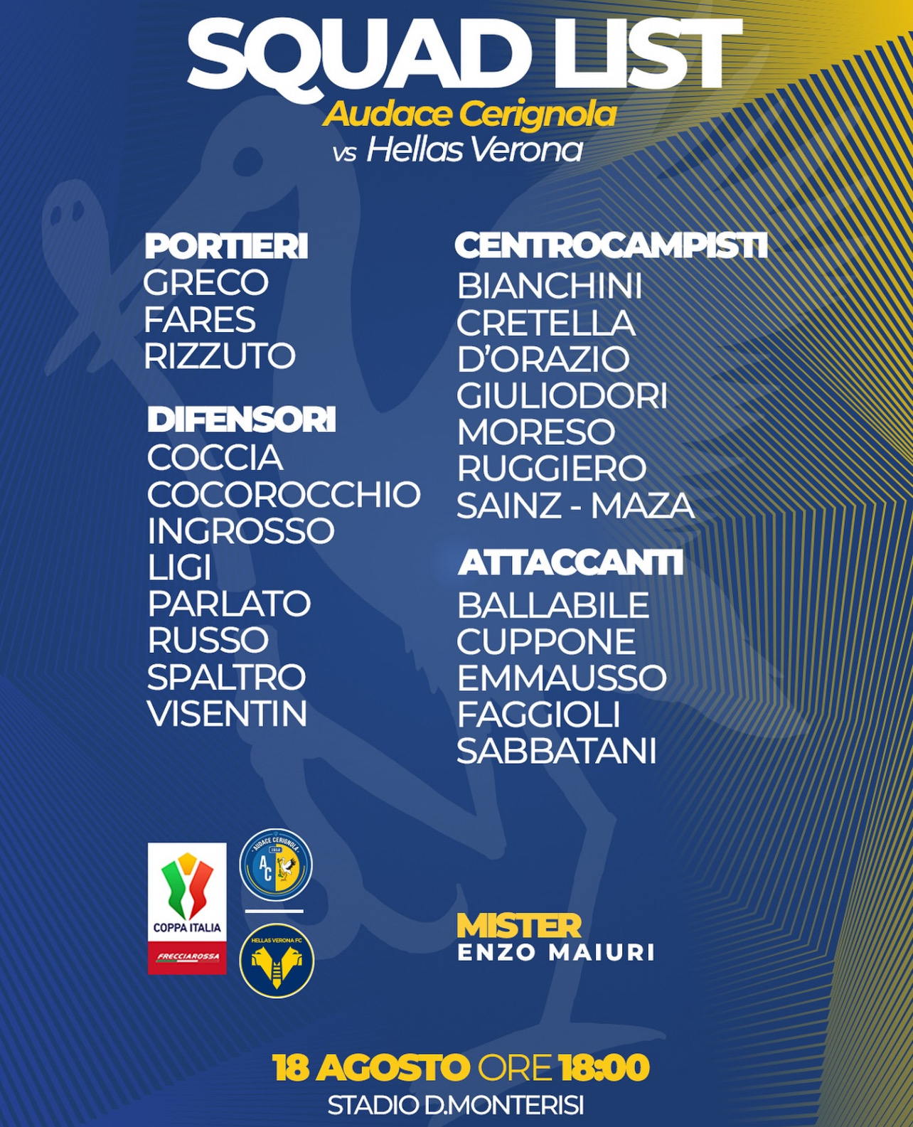 Coppa Italia. Audace Cerignola-Hellas Verona, i convocati di Maiuri