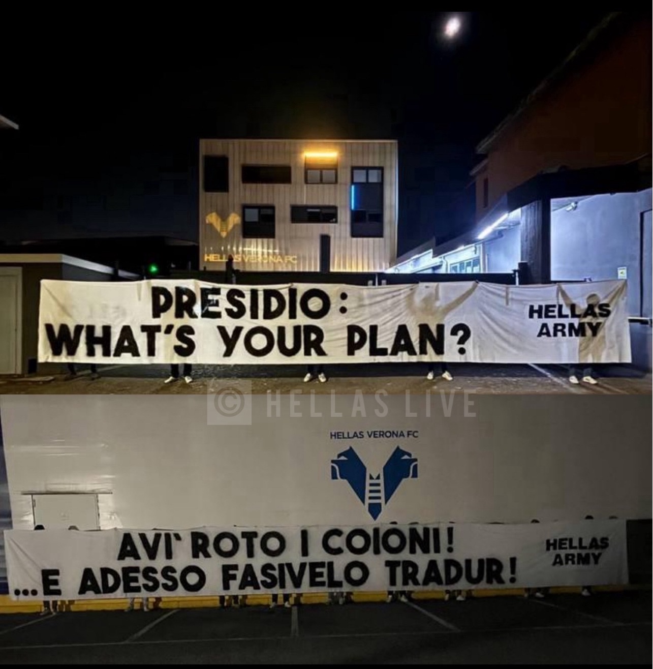 Hellas Verona, gli striscioni esposti in sede ed al centro sportivo da Hellas Army