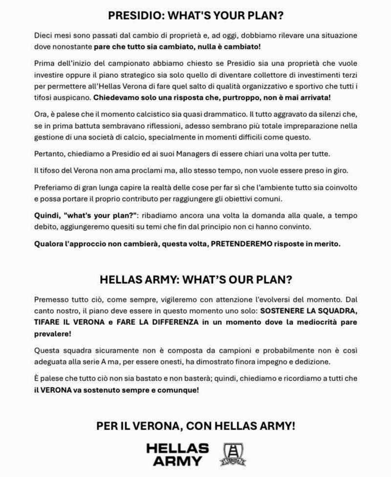 Comunicato Hellas Army. PRESIDIO: WHAT'S YOUR PLAN?