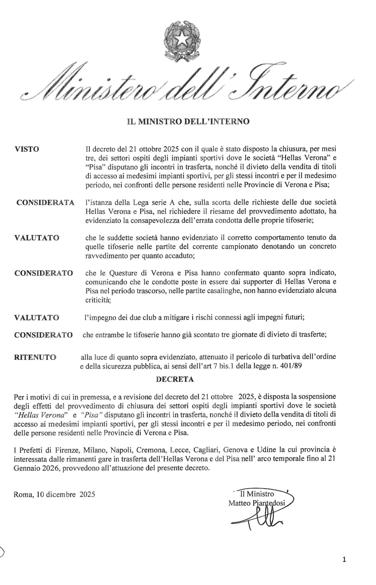 Hellas Verona, revocato il divieto di trasferta ai tifosi gialloblù