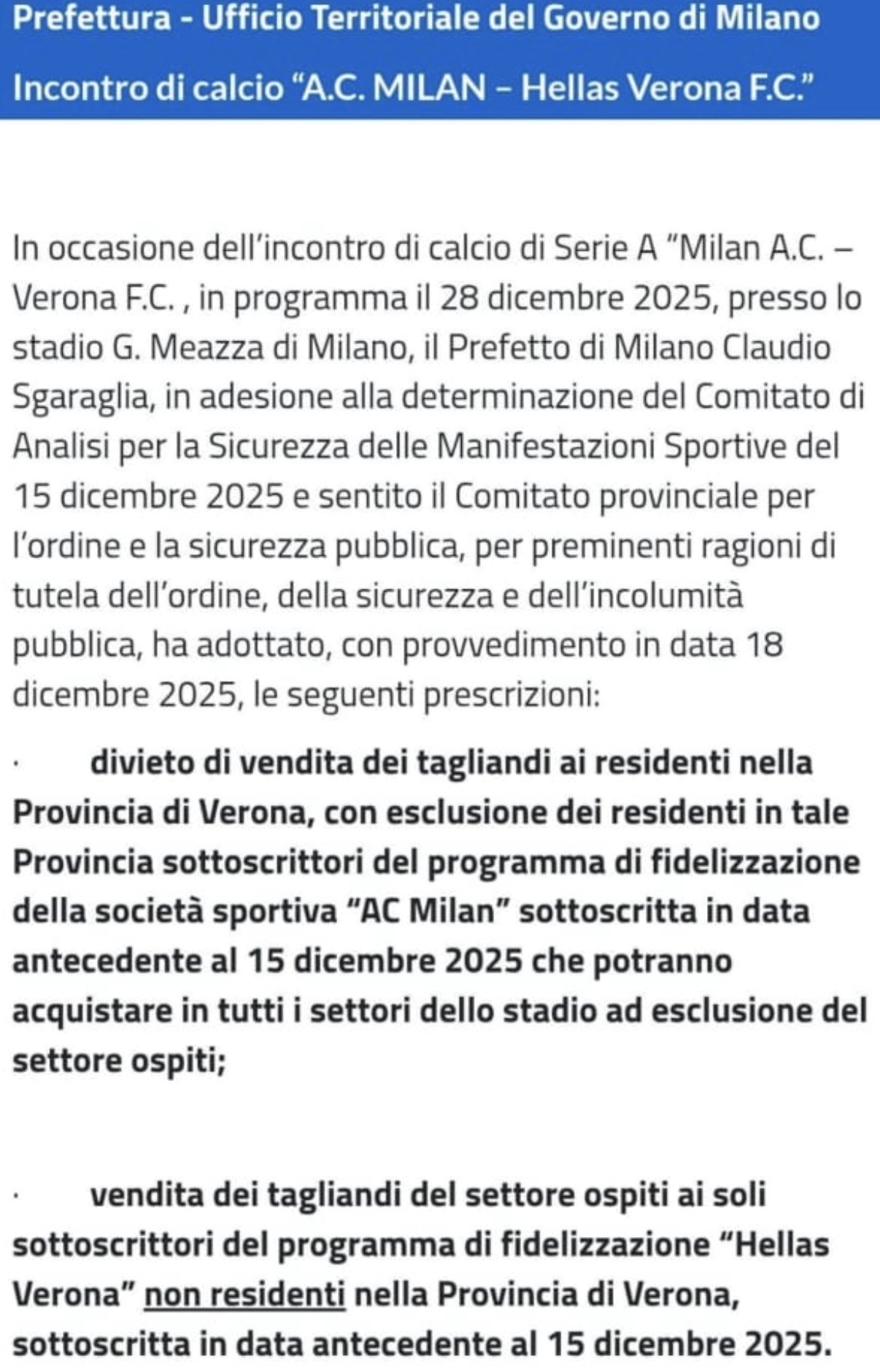 Milan-Hellas Verona, divieto di vendita dei biglietti per i residenti nella Provincia di Verona
