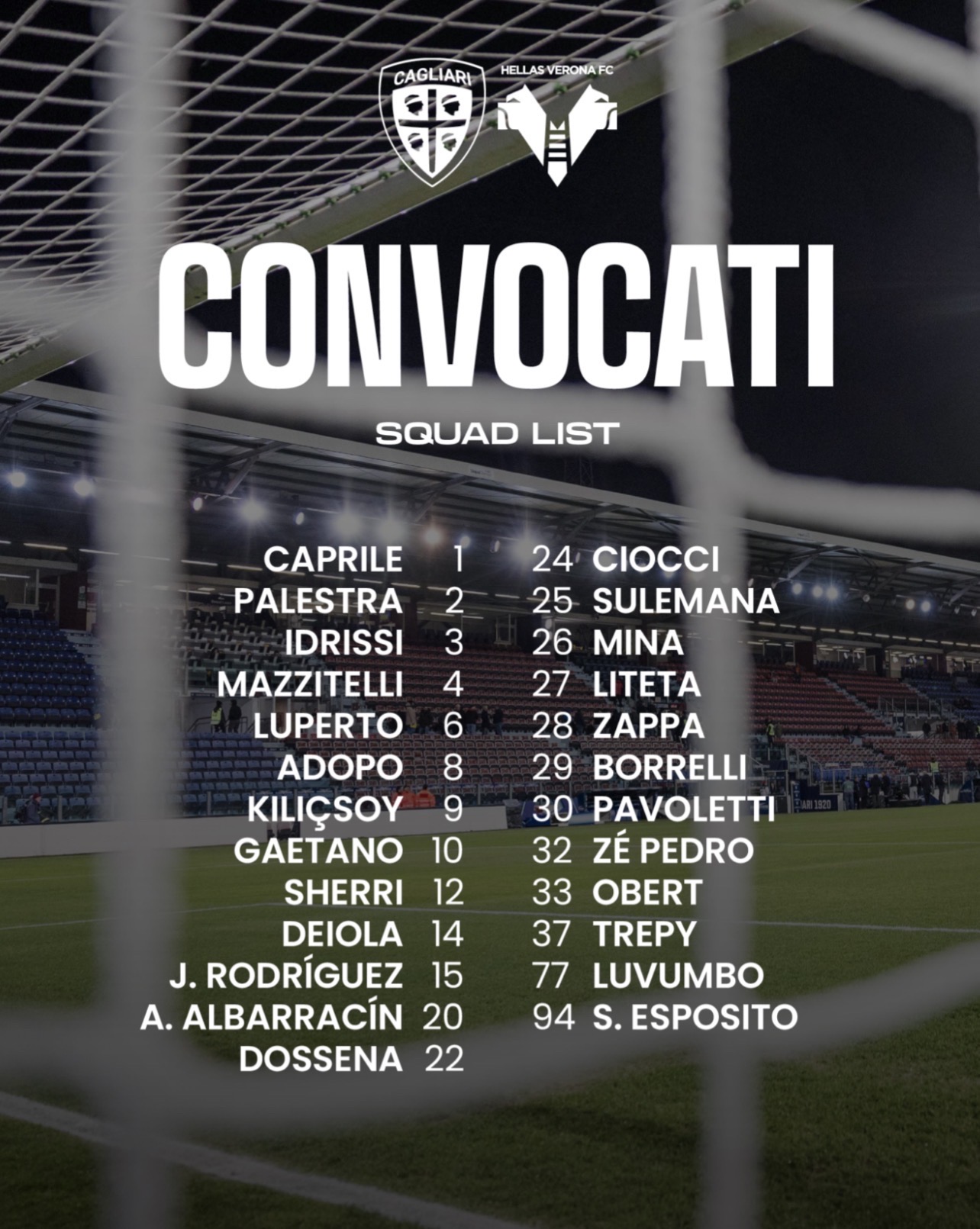 Cagliari-Hellas Verona, i convocati di Pisacane