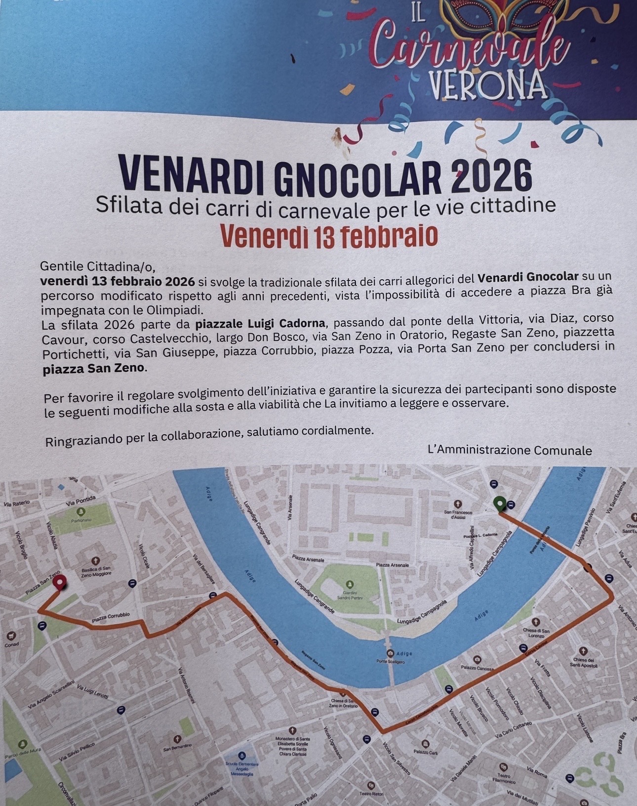 Carnevale 2026, la sfilata dei carri a Verona: orari e percorso