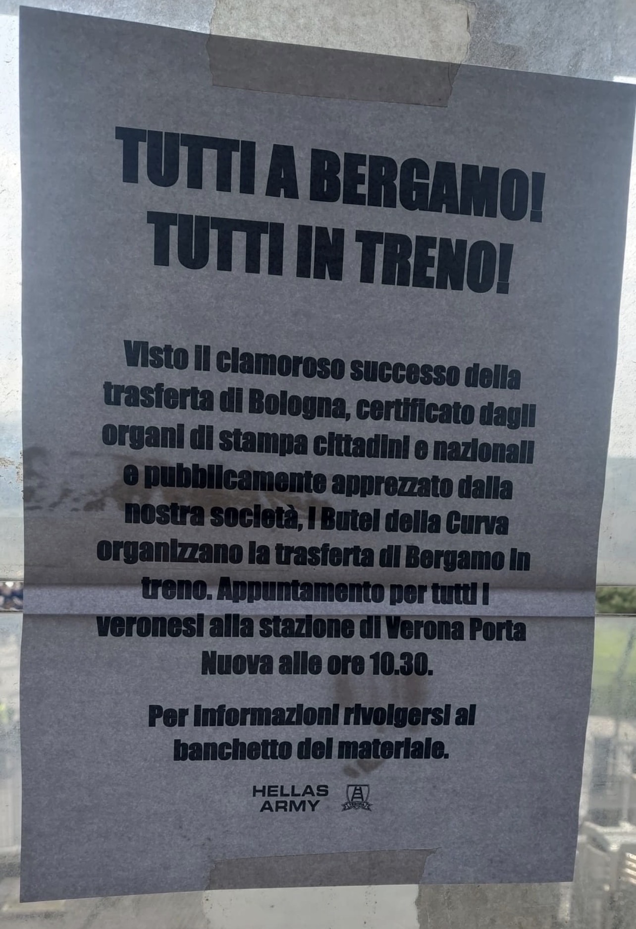 Hellas Army. TUTTI A BERGAMO! TUTTI IN TRENO!