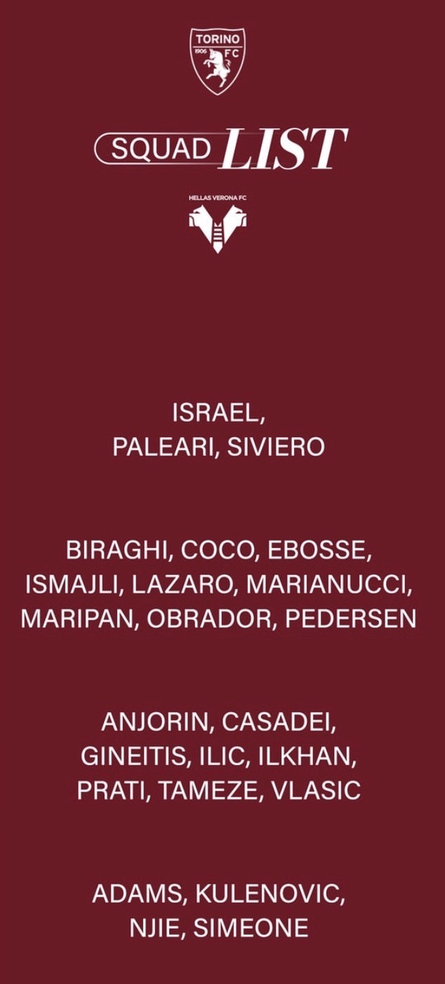 Torino-Hellas Verona, i convocati di D’Aversa