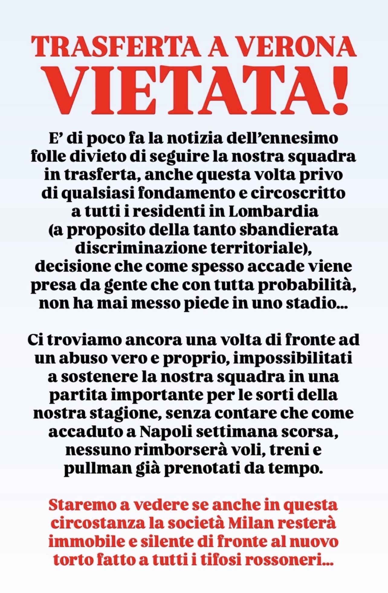 Hellas Verona-Milan, trasferta vietata ai tifosi rossoneri