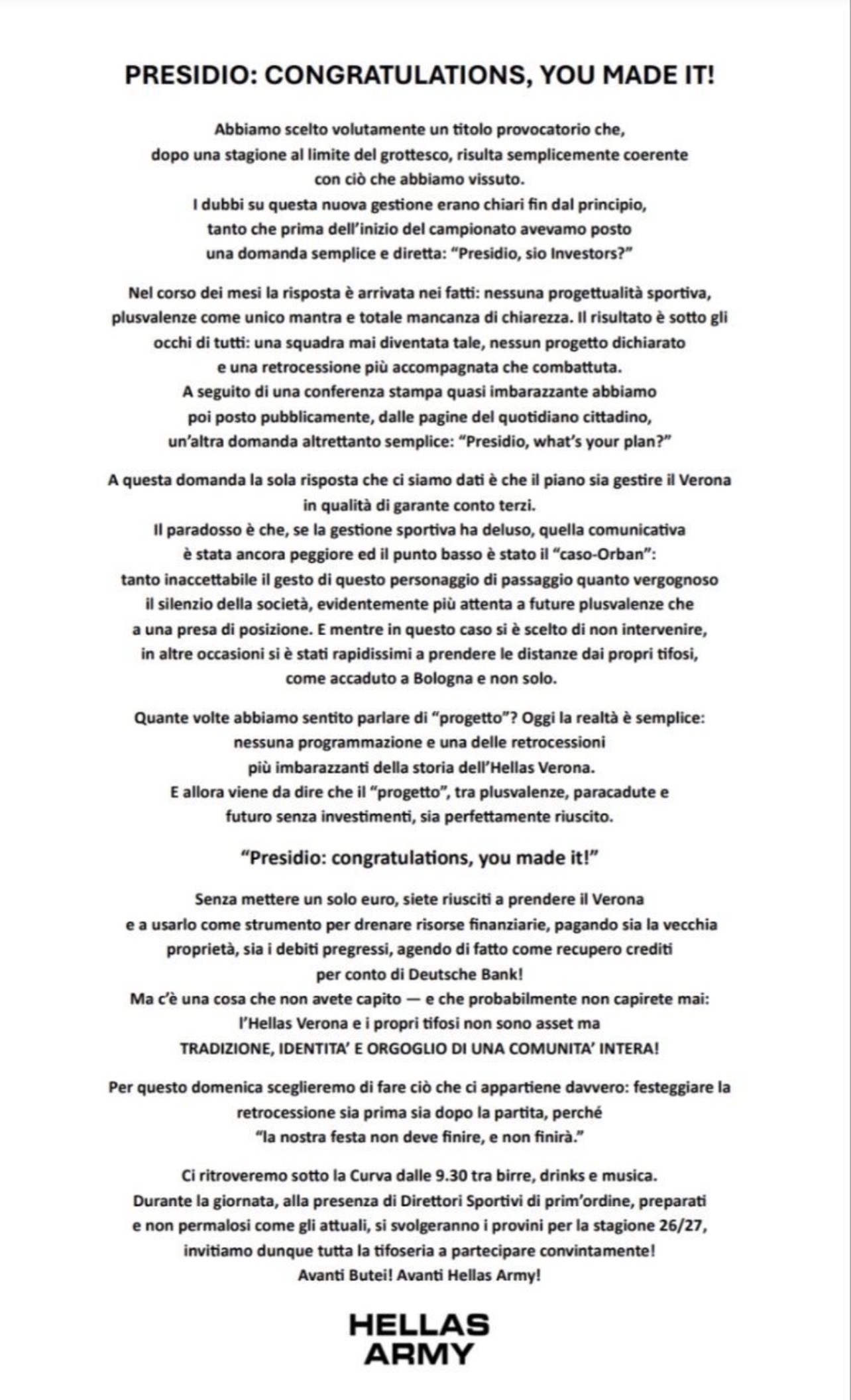 Comunicato Hellas Army. Presidio: congratulations, you made it!