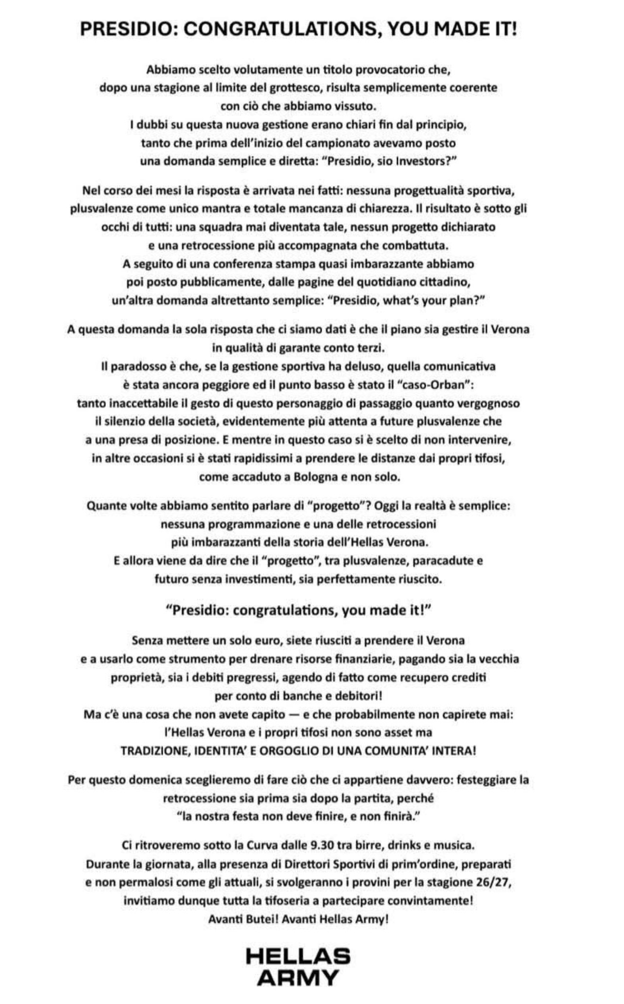 Comunicato Hellas Army. Presidio: congratulations, you made it!