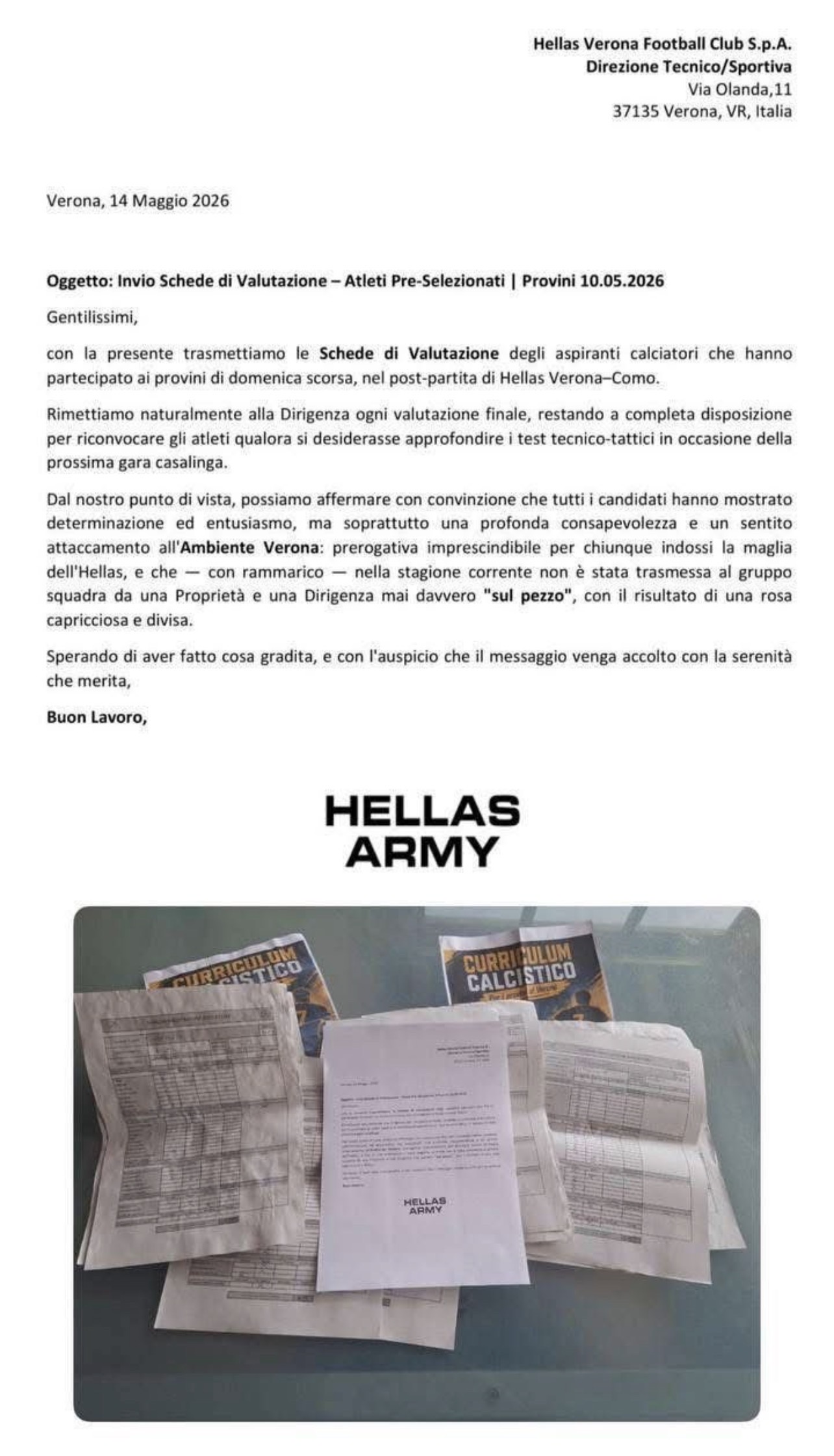 Giochiam con voi, Hellas! Inviate in sede le schede di valutazione dopo i provini. Il comunicato di Hellas Army
