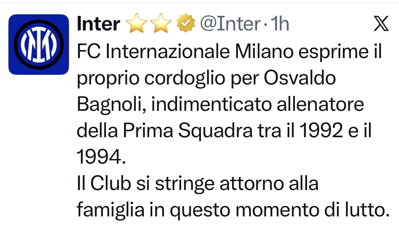 Il cordoglio dell’Inter per la scomparsa di Osvaldo Bagnoli