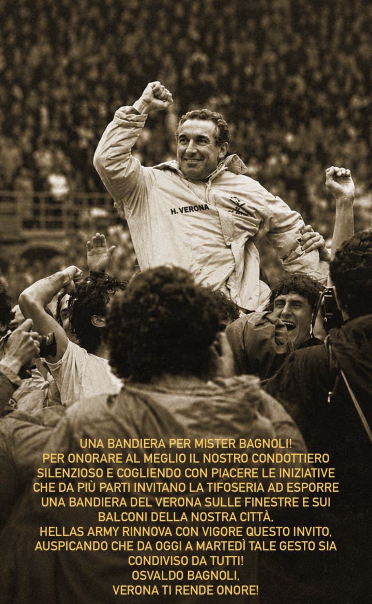 Una bandiera per Mister Bagnoli! Verona ti rende onore! Hellas Army