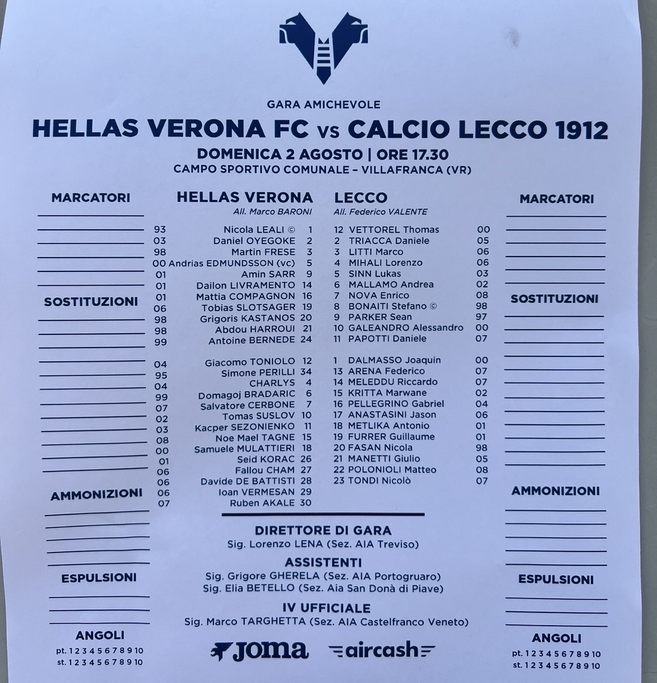 Amichevole. Formazioni Hellas Verona-Lecco
