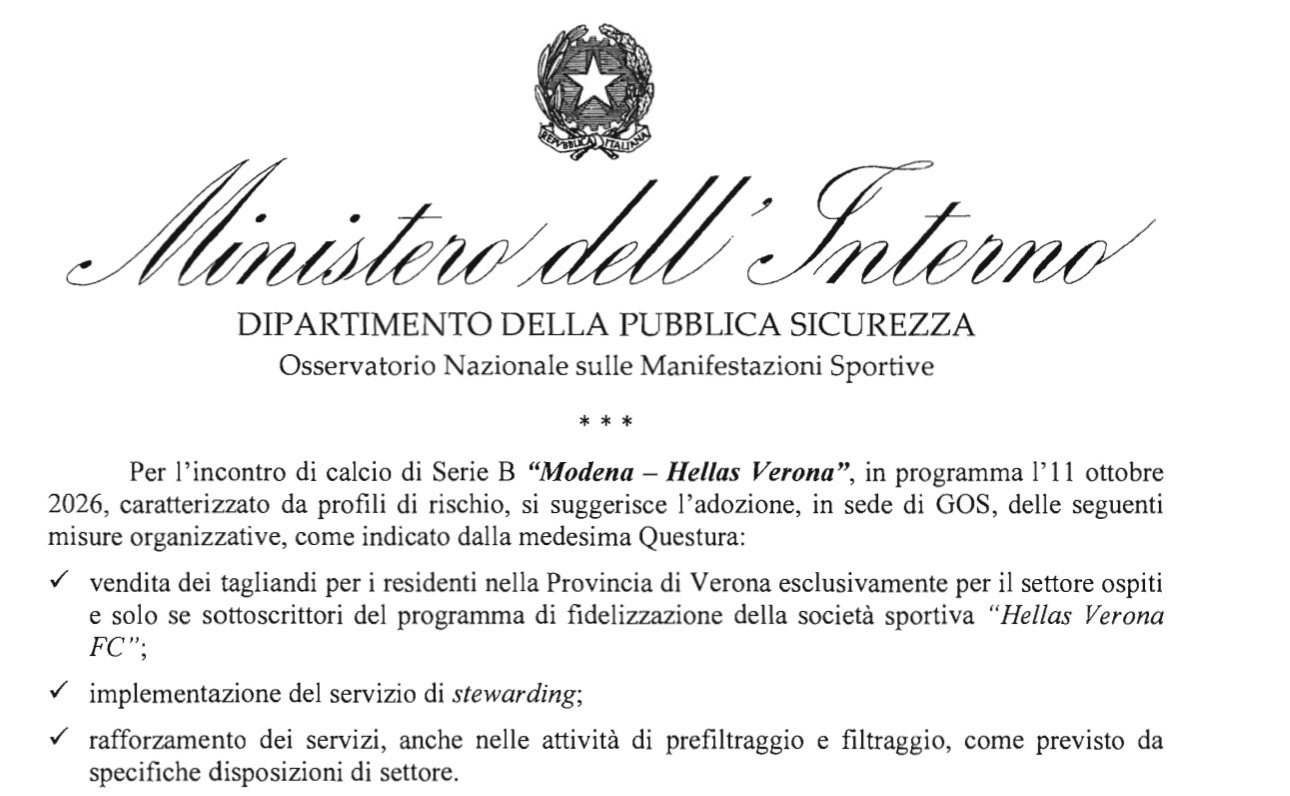 Serie BKT 2026/27. Modena-Hellas Verona, c’è l’ok dell’Osservatorio per la trasferta dei tifosi scaligeri